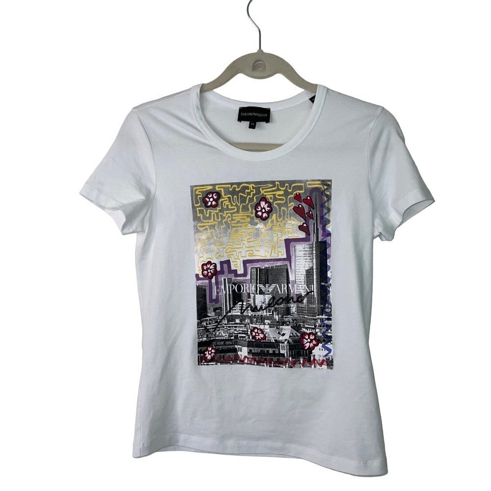 Emporio Armani Womens Graphic Tee Size Extra Small Xs White Cotton Printed Logo